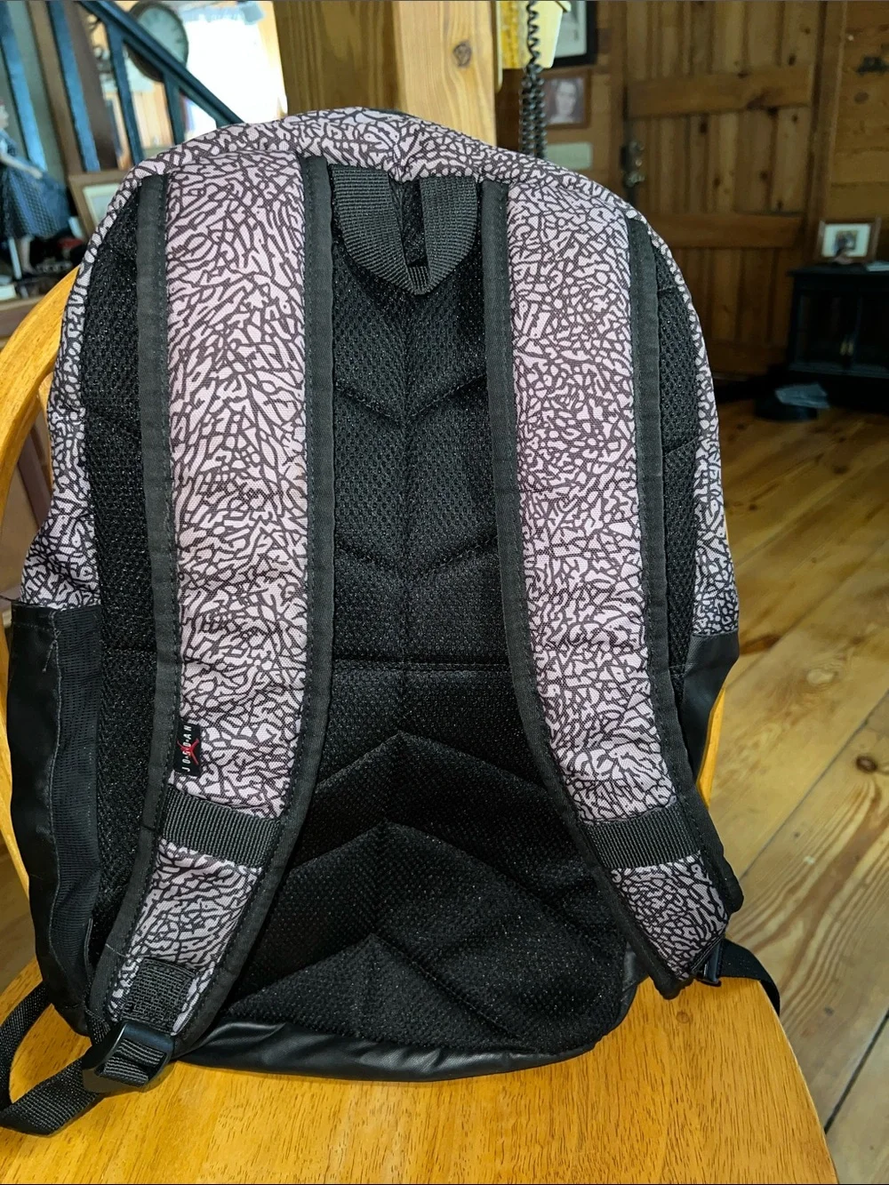 Jordan Black Backpack with Light Purple Cement Patterned Top and Red Jumpman